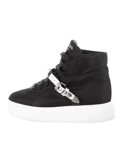 Pre-owned Prada Rockstud Accents Nylon Wedge Sneakers In Black