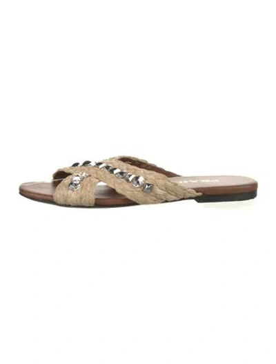 Pre-owned Prada Rockstud Accents Raffia Slides In Neutral