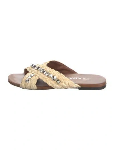 Pre-owned Prada Rockstud Accents Raffia Slides In Neutral