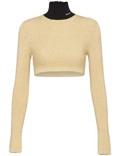 Prada Roll-neck Lamé Jumper In Gold