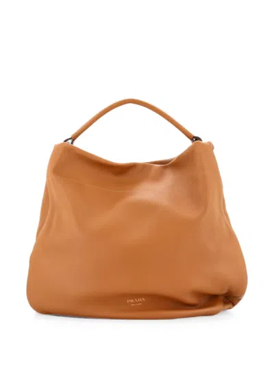 Pre-owned Prada Rolle Soft Grain Leather Large Hobo Bag In Brown