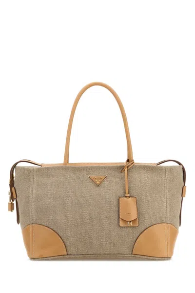 Prada Rope/natural Logo Large Tote In Brown