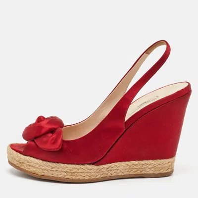 Pre-owned Prada Rose Size 37 Red Satin Espadrille Platform Wedge Slingback Sandals