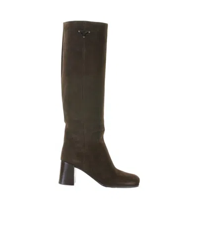 Prada Round-head Boots In Brown