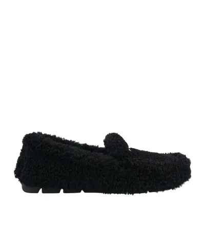 Prada Triangle Logo Shearling Loafers In Black