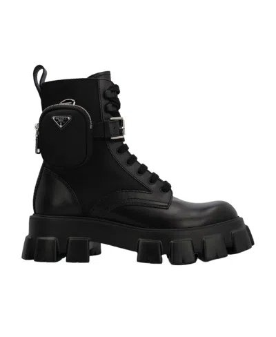 Prada Round Head Lace-up Short Boots With High Side In Black