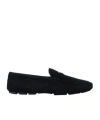 Prada Enamel-triangle-logo Suede Loafers In Black