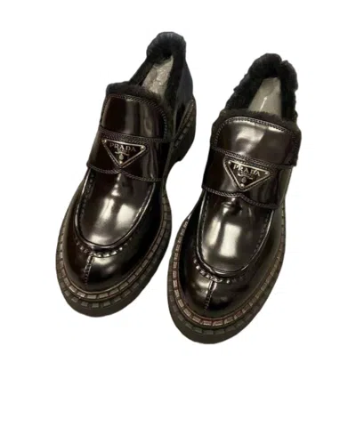 Prada Round Head Loafer Shoes In Black