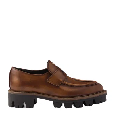Prada Round Head Loafer Shoes In Brown