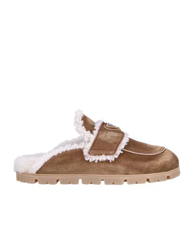 Prada Round Toe Suede Mules With Shearling Lining In Brown