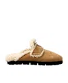 Prada Triangle Logo Shearling Flat Mules In Brown