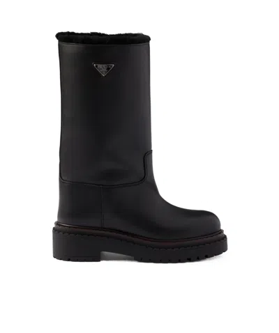 Prada Round-head Short Boots In Black
