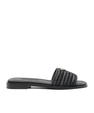 PRADA PRADA LOGO PLAQUE SQUARE TOE SANDALS