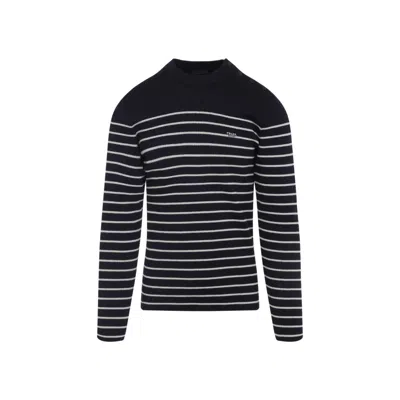 Prada Round Neck Blue Striped Sweater In Black