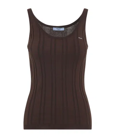 Prada Round Neck Sleeveless Vest In Brown