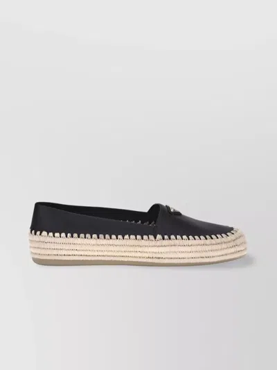 Prada Round Toe Flatform Raffia Espadrilles In Black