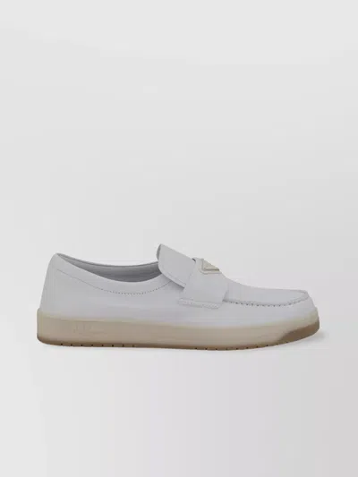 Prada Round Toe Logoed Leather Loafers In White