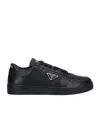 Prada Leather Sneakers With Embellished Inserts And Padded Ankle In Black