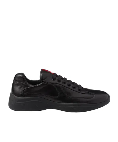 Prada Round Toe Low Top Sneakers In Black