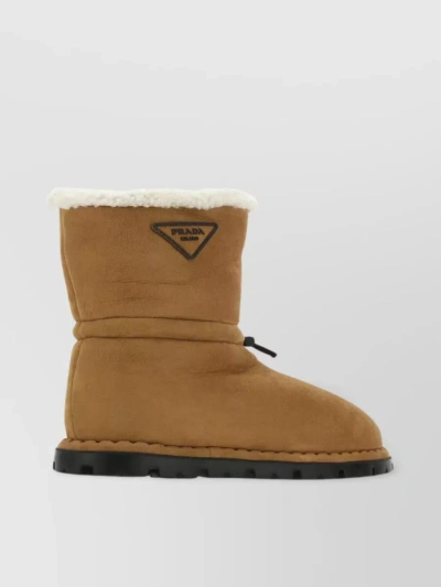 Prada Round Toe Shearling Ankle Boots In Brown