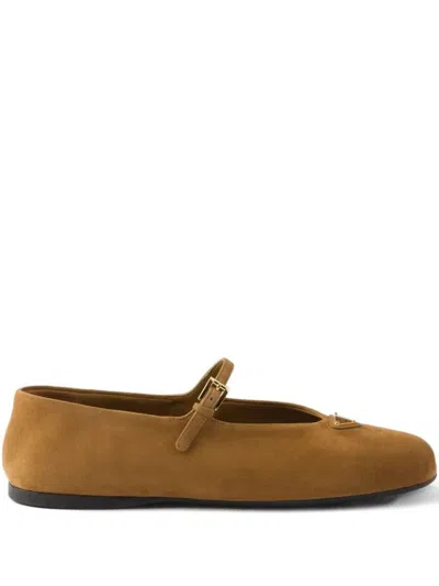 Prada Round Toe Suede Ballerinas Shoes In Brown