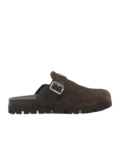 Prada Dark Brown Suede Slippers In Black