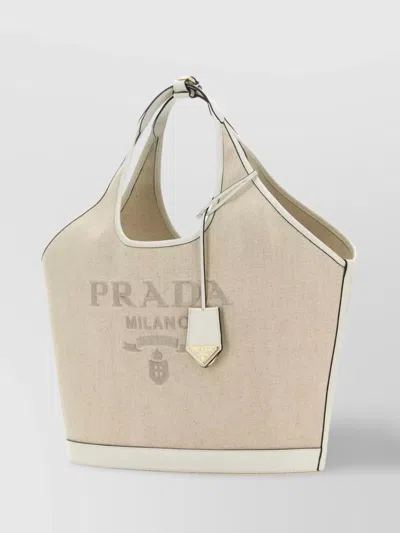 Prada Round Top Handles Geometric Logo Detail Bag In Neutral