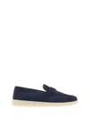 Prada Almond Toe Suede Loafers With Rubber Sole In Blue