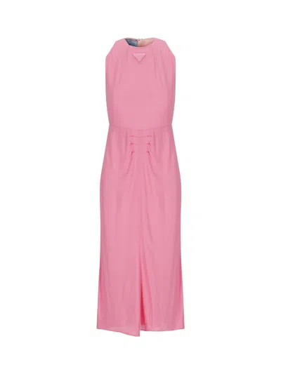Prada Roundneck Ruched Dress In Pink