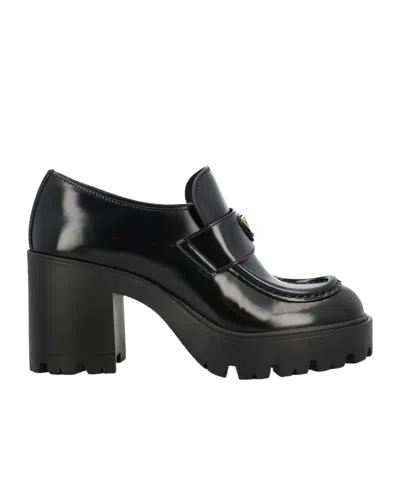 Prada Round-toe High-heeled Loafers In Black
