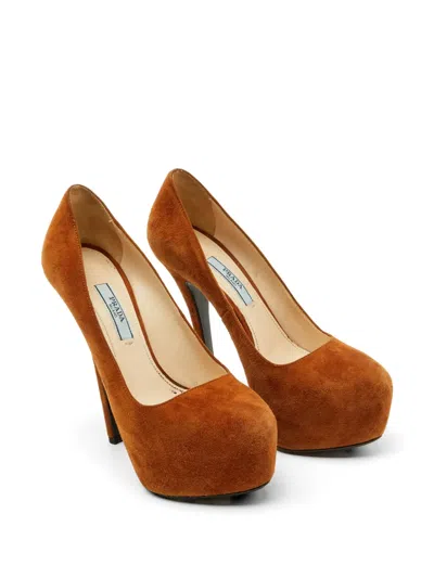 Pre-owned Prada Round-toe Platform Pumps In Brown