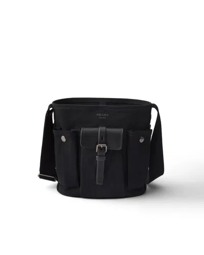 Prada Route Bucket Bag Aus Mini-canvas Und Leder In Black