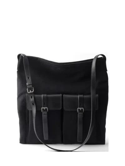 Prada Route Canvas And Leather Shoulder Bag In Black