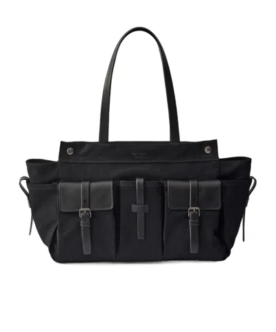 Prada Route Canvas And Leather Tote Bag In Black