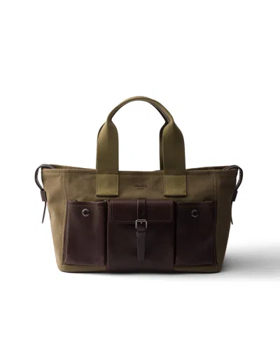 Prada Route Grosse Tote-bags Aus Canvas Und Leder In Green