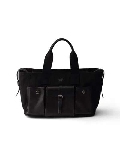 Prada Route Grosse Tote-bags Aus Canvas Und Leder In Black