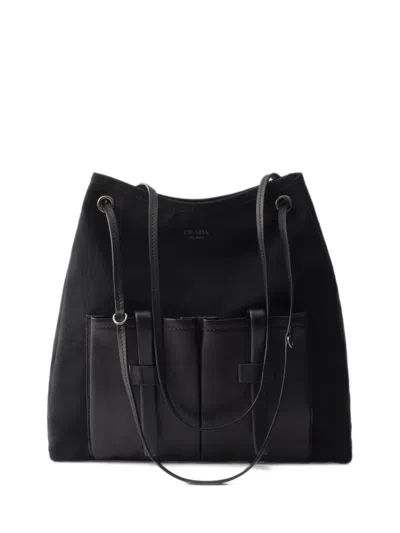 Prada Route Large Canvas And Leather Bag In Black