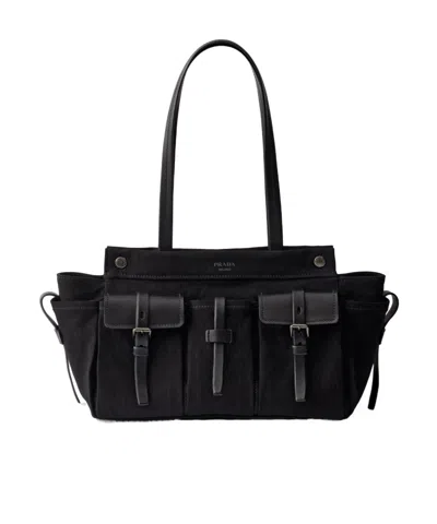 Prada Route Large Canvas And Leather Tote Bag In Black