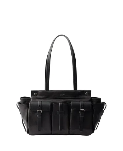Prada Route Large Leather Tote Bag In Black