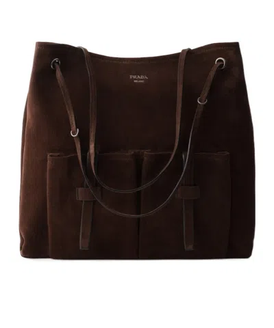 Prada Route Large Suede Bag In Black