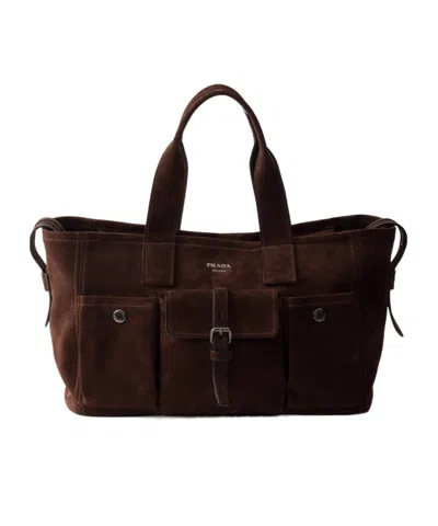 Prada Route Large Suede Tote Bag In Brown