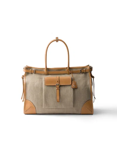 Prada Route Tote Bag Aus Leinen Und Leder