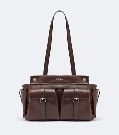 Prada Route Medium Leather Tote Bag In Brown