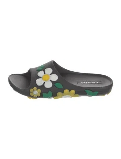 Pre-owned Prada Rubber Floral Print Slides In Black