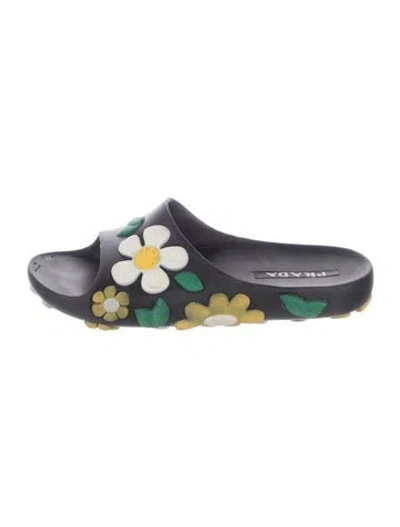 Pre-owned Prada Rubber Floral Print Slides In Blue