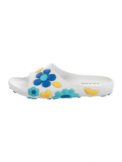 Pre-owned Prada Rubber Floral Print Slides In White
