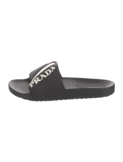Pre-owned Prada Rubber Graphic Print Slides In Black