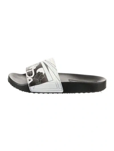 Pre-owned Prada Rubber Graphic Print Slides In Silver