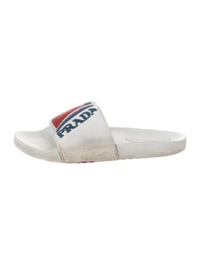 Pre-owned Prada Rubber Graphic Print Slides In White