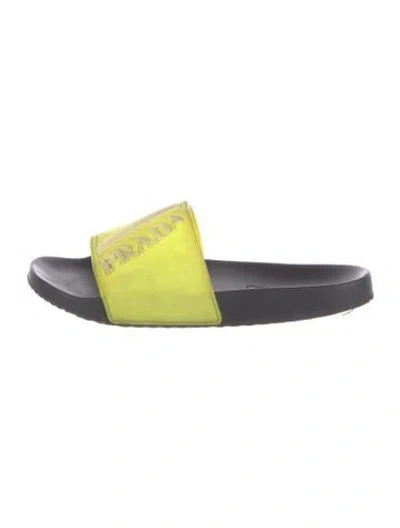 Pre-owned Prada Rubber Graphic Print Slides In Yellow